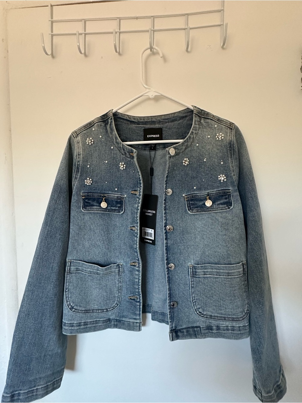 Express Women's Embellishedg Denim Jacket - Light Blue size S